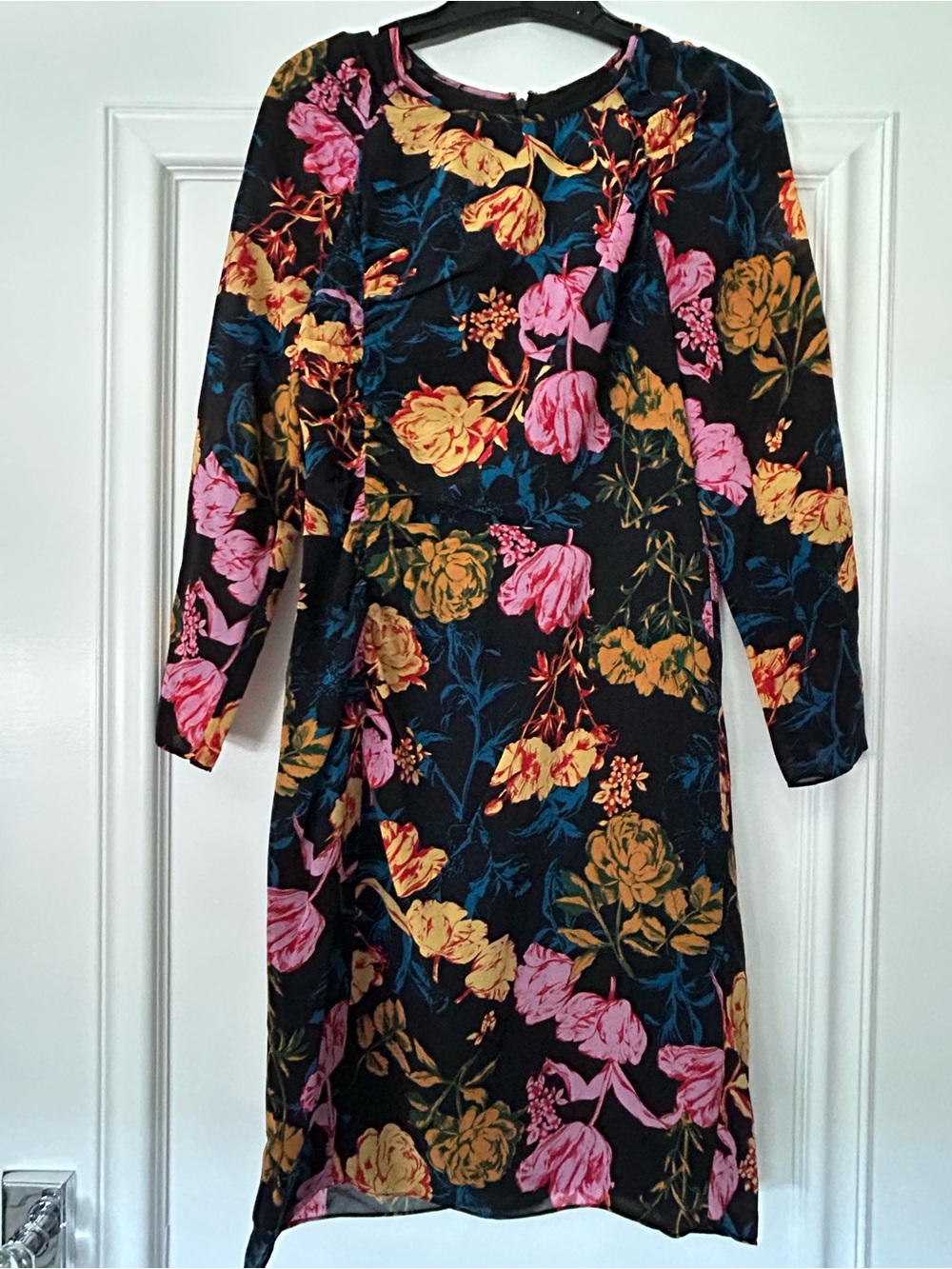 Whistles Black Long Sleeve Floral Shift Dress with Pink & Gold Blooms 85% Silk